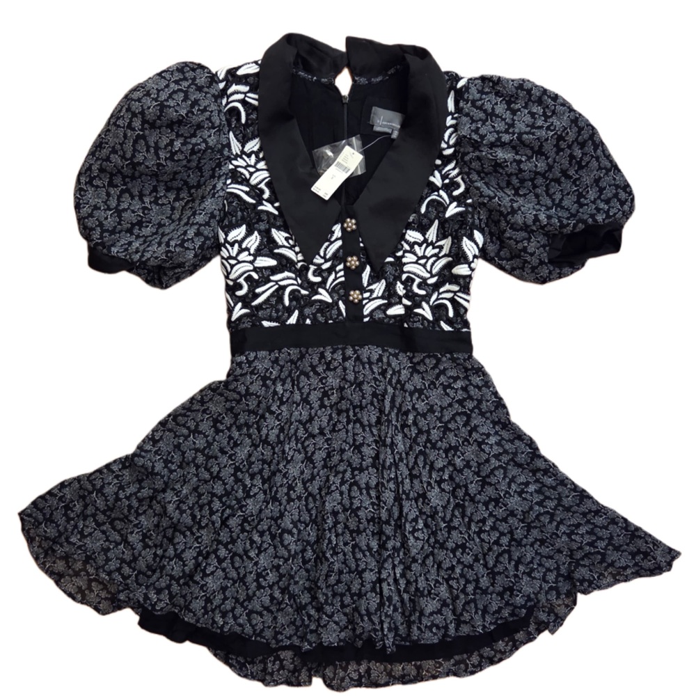Anthropologie Black and White Puff Sleeve Mini Dress